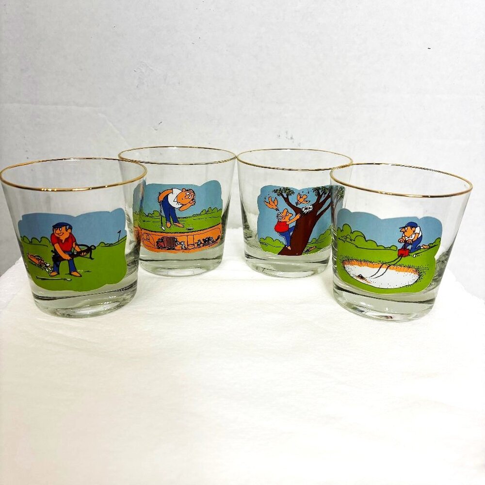 Ashby Comic Vtg 70’s Cartoon Golf Lowball Cocktail Glasses  -  Set of 4
